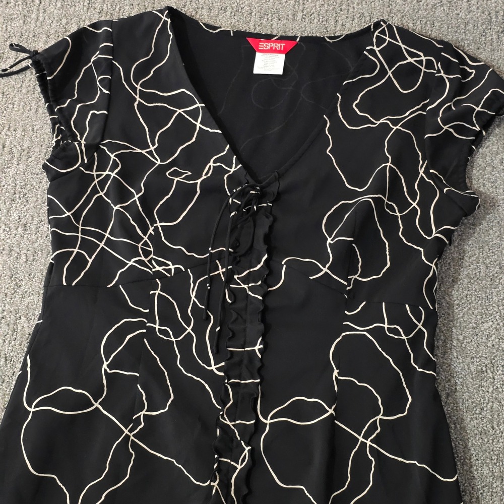 Esprit Black Abstract Print Ruffle Front Dress Womens 13-14 V Neck Midi - Picture 2 of 8